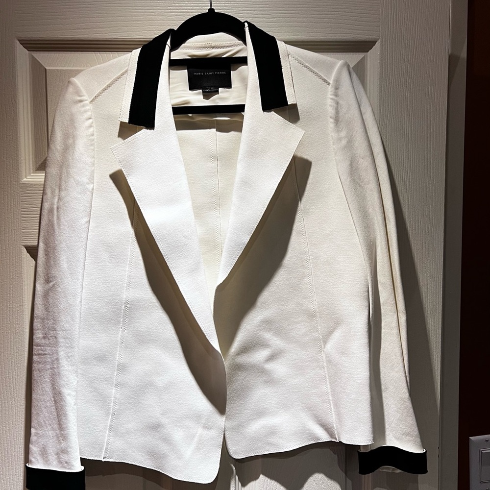 White Blazer with Black Trim - Elegant Tailored Jacket